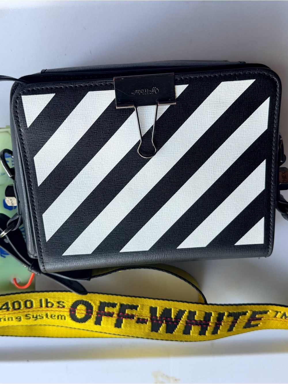 Off-White Black & White Diagonal Stripe Shoulder Bag with Yellow Webbing Strap